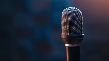 A microphone sits on a stage desk waiting to be used in an event. The background has moody ambient lighting that adds to the atmosphere