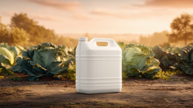 White plastic canister for liquid fertilizer on ground in cabbage field