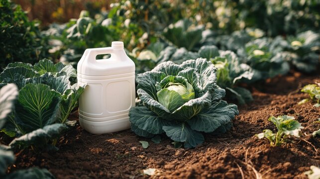 White plastic container with fertilizer next to green cabbage in the field