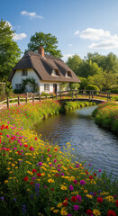 Obraz premium house on the river with flower garden