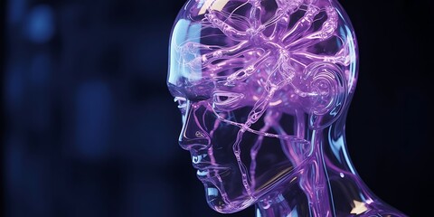 Transparent Humanoid Head and Torso with Glowing Purple Internal Neural Network Structure body