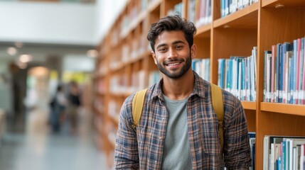 Fototapeta premium Young hispanic male smiling in library with bookshelves and backpack.