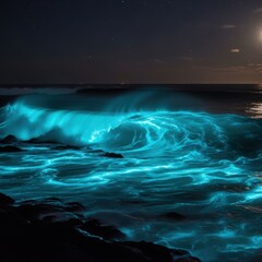 Glowing Bioluminescent Ocean Wave at Night Under Starry Sky