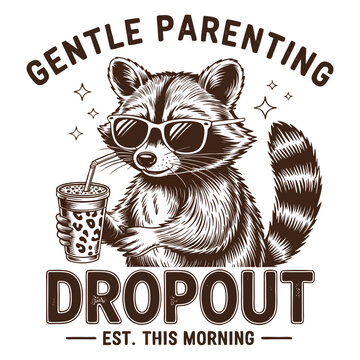 A vintage-style illustration of a raccoon wearing
sunglasses and holding a leopard-print iced coffee with a straw