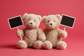 Cute Brown Teddy Bears Holding Signs on Pink Background