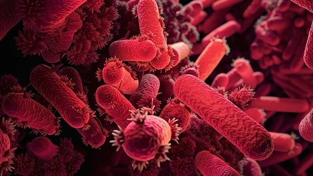 Microscopic view of a multiplying colony of red rod shaped bacteria, representing pathogenic germs or beneficial gut probiotics, rendered in a detailed scientific 3d animation