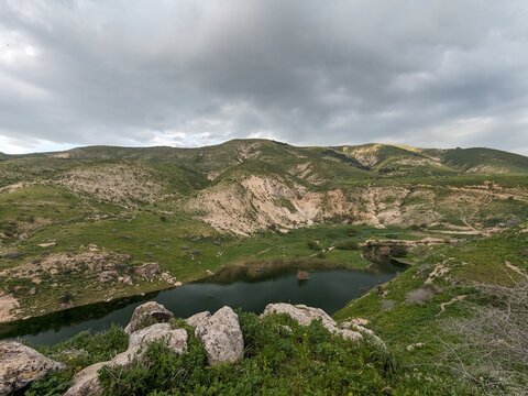 Wadi Zahar is a wadi located in Irbid region, Jordan. Walking the Jordan trail from Umm Qais,mountain panorama landscape view