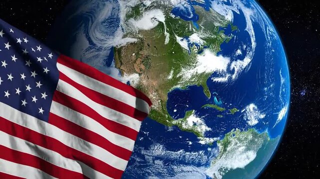 American flag waving in front of planet Earth, symbolizing global presence.