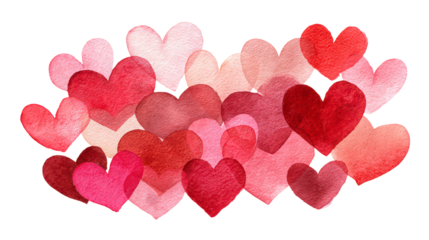 Watercolor hearts background in shades of red and pink creating a lovely artistic valentine themed backdrop representing love romance and affection