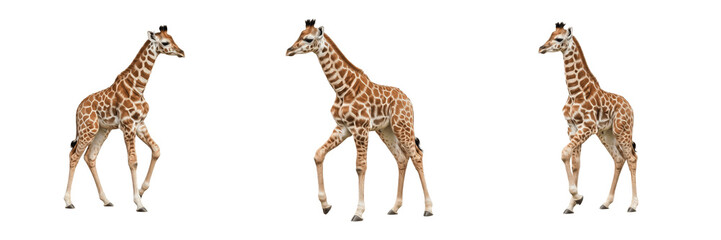 Baby Giraffe Calf Giraffa camelopardalis isolated on white, young giraffe walking sequence, three calves standing, African wildlife animal nature studio photo © proton