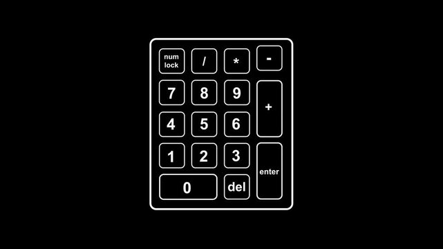 Close up of a digital keypad with glowing white outlines on a black background.