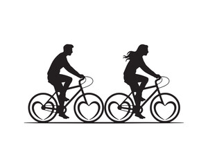 Obraz premium Romantic silhouette couple riding bicycles with heart shaped wheels for Valentine's Day cards, vector illustration