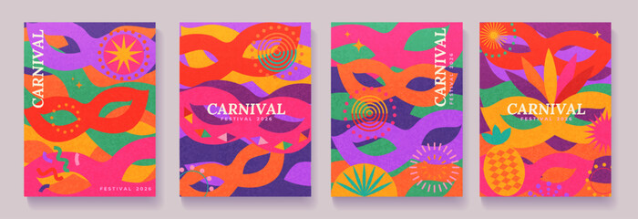 Set of bright flyers with colorful festive masks. Template for Mardi Gras Poster, Banner. Carnival mask for masquerade party. Masque for holiday. Abstract background for invitation, greetings. Vector © tandav