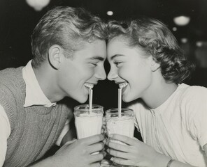 Vintage photograph of young couple sharing milkshakes at a table