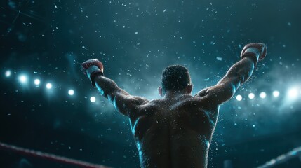 Victorious male boxer celebrates win in the ring under arena lights.