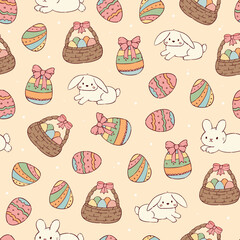 Easter kawaii doodles seamless pattern with bunnies and easter eggs for textile prints, wrapping paper, backgrounds, packaging, wallpaper, digital paper, etc. EPS 10
