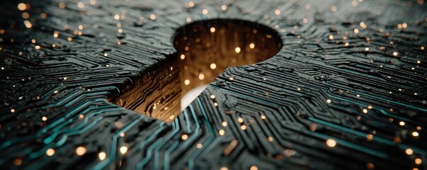 Digital lock icon surrounded by circuits for a futuristic cybersecurity and data protection visual