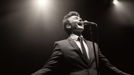 Young caucasian male singer performing on stage under spotlight.