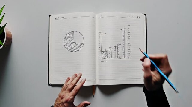 Businessman analyzes cryptocurrency market trends, drawing pie chart and bar graph in notebook, developing investment strategy on white background