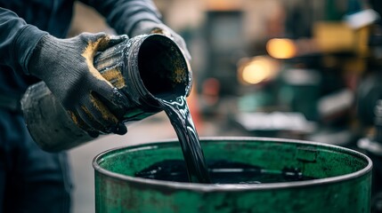 A car mechanic pours used oil into an industrial barrel.