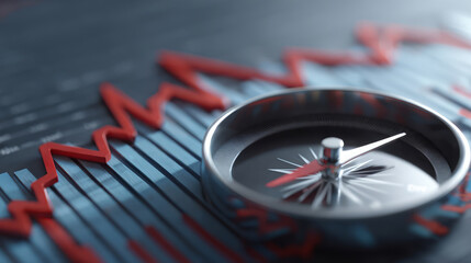 Compass on financial chart with red fluctuating graph line.