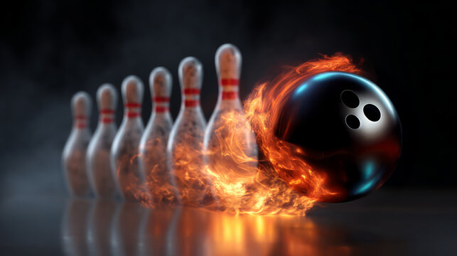 Bowling ball on fire heading toward pins in dramatic motion.