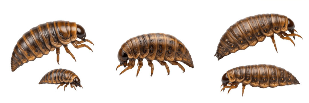 Dubia Roach Nymph Blaptica dubia isolated on white, juvenile tropical cockroach sequence, feeder insect, group of six insects, wildlife nature studio photo