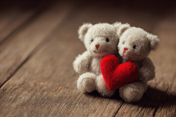 Obraz premium Cuddly Teddy Bears Holding Red Heart on Wooden Floor