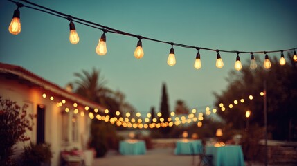 Enchanting Outdoor Patio with String Lights at Twilight - Perfect Ambiance for a Cozy Gathering