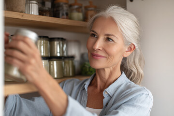 Adult organizing kitchen cupboard with clean containers, relaxed and satisfied expression