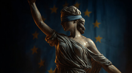 Obraz premium Blindfolded Lady Justice statue in front of European Union flag.