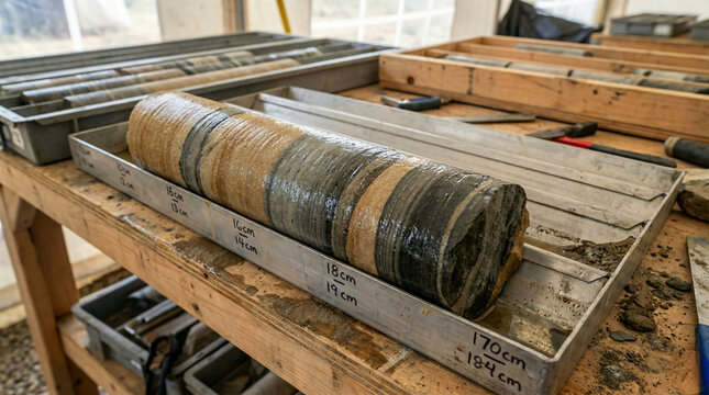 Geological rock core samples in metal trays for mining exploration analysis