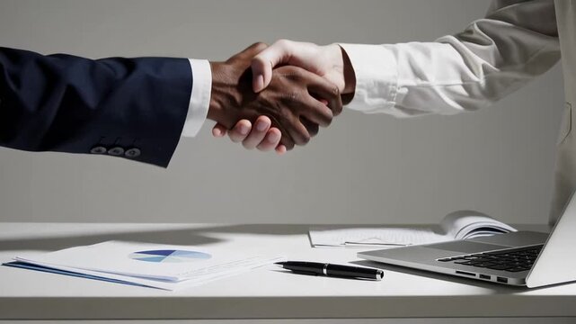 Business partners shaking hands after reaching an agreement on a new cryptocurrency investment strategy, finalizing a successful negotiation in their modern office
