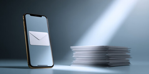 Smartphone displaying email icon next to a large stack of envelopes under spotlight on blue background