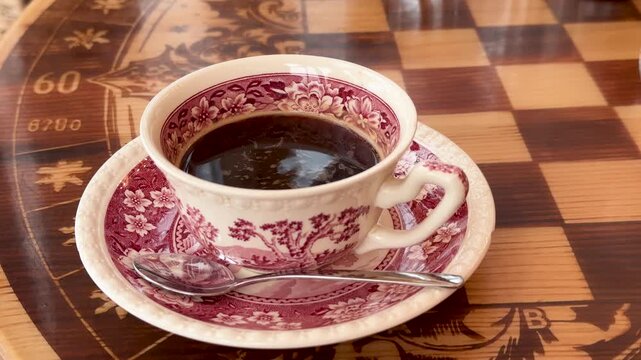 Traditional fresh black coffee served in an antique-style floral ceramic cup with a silver spoon. The cup is placed on a beautiful wooden table featuring a decorative chessboard inlay pattern.