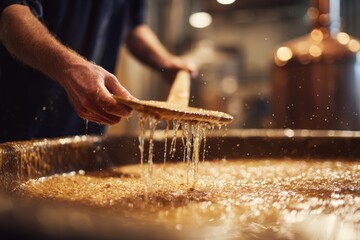 Close-Up of Malt Worker Checking Mash Thickness with Paddle