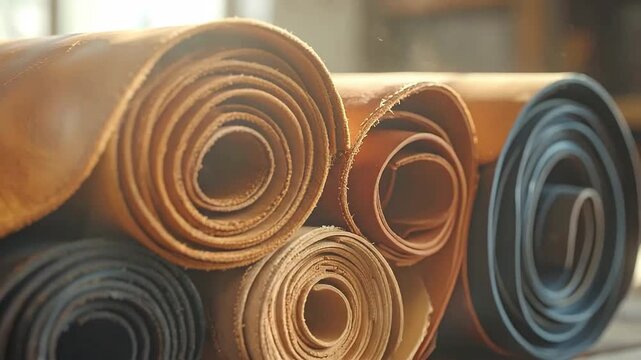 Rolls of colorful leather material, showcasing textures and craftsmanship in a workshop setting.