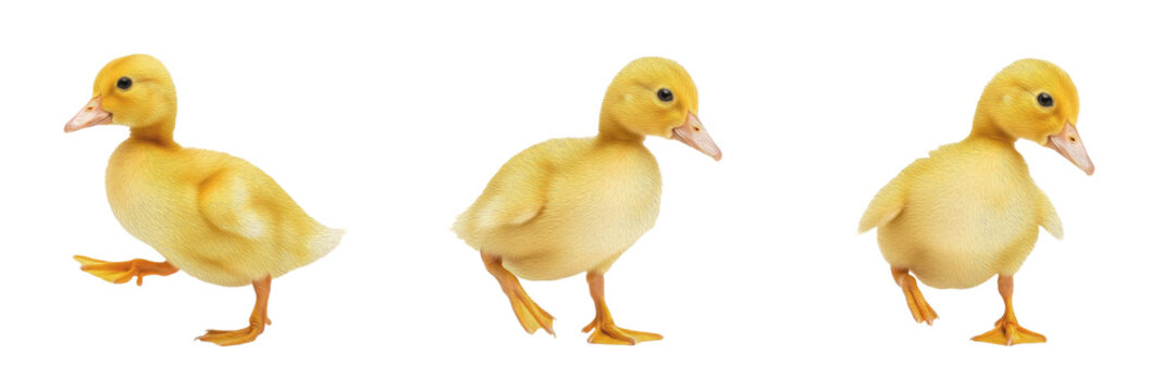 Young Gosling Anser anser isolated on white, baby goose walking sequence, three birds, fluffy yellow feathers, poultry farm animal, nature wildlife bird photo