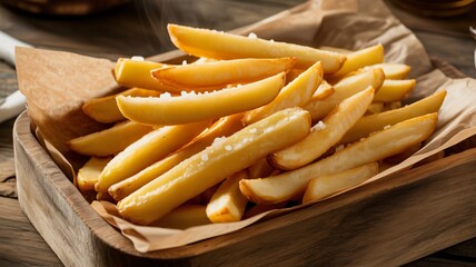 French Fries in Brown Paper Box with Golden Lighting for Fast Food Advertising