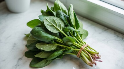 Fresh Spinach Leaves in Natural Light on White Marble Countertop for Healthy Eating