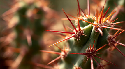 Detailed view of sharp, colorful spines on a cactus showcasing its unique texture and structure in a natural desert environment