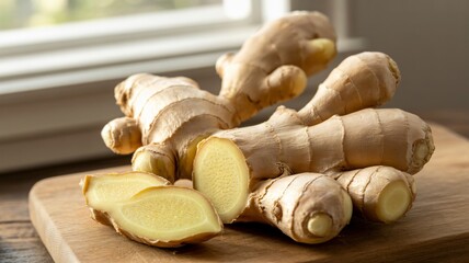 Fresh ginger roots in rustic wooden cutting board with warm natural lighting for healthy cooking