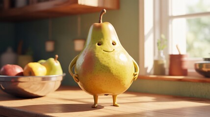 Anthropomorphic pear character in cheerful kitchen setting with warm natural lighting on wooden countertop for food advertising