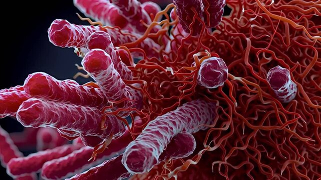 Microscopic animation of mycobacterium tuberculosis bacteria dying, showing the rod shaped pathogens disintegrating to reveal the underlying cellular structure during treatment with antibiotics