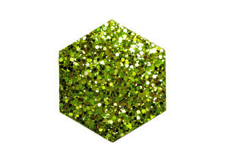 Hexagonal shaped glitter in vibrant lime green with sparkling particles isolated on a transparent background