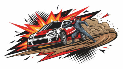 Racing car drifting on dirt track with explosive graphic illustration © Muh