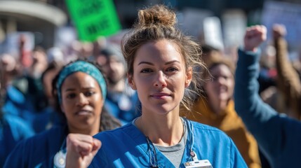 Fototapeta premium Female healthcare workers protesting for improved conditions and fair wages.