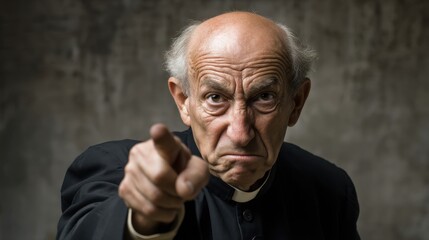 Elderly caucasian male with stern expression pointing a finger.