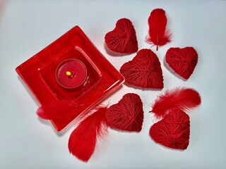 Red hearts Valentine&rsquo;s Day decoration on a light background. Romantic holiday concept symbolizing love, romance, and affection. Ideal for greeting cards, invitations, social media, advertising, brandi