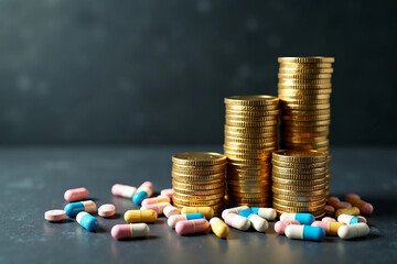 Pills Scattered Around Growing Stacks of Gold Coins on Dark Surface